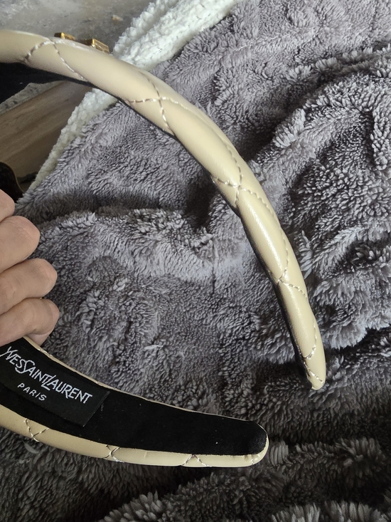 Yves Saint Laurent Quilted Leather Headband in Beige with Gold Logo